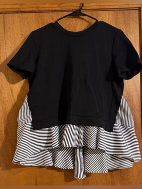 Black Short-Sleeve Layered Peplum Top with Striped Ruffle Hem